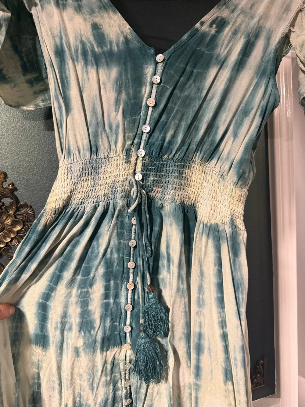 Boho V-Neck Tie-Dye Maxi Dress in Teal and Cream